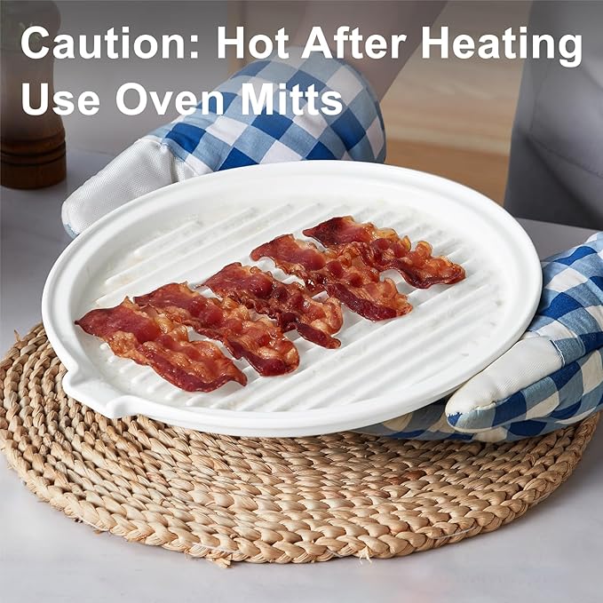 ONEMORE Microwave Bacon Tray Ceramic Bacon Cooker Meat Rack for Oven Cooking Crispy Bacon Maker - 11 inch Round Bacon Dish Plate, White