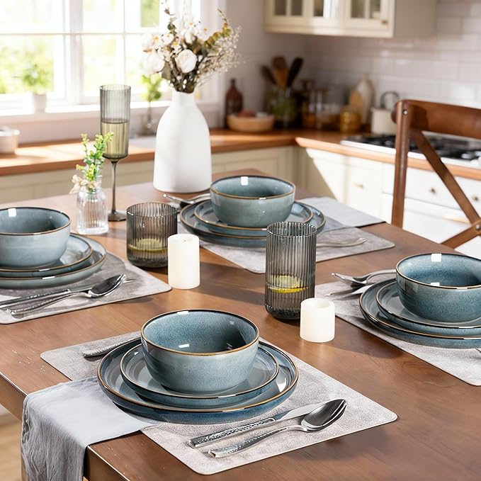 GBHOME Ceramic Dinnerware Sets for 6, 18 Pieces Stoneware Plates and Bowls Sets, Scratch Resistant Dishes, Dishwasher & Microwave Safe, Space Blue