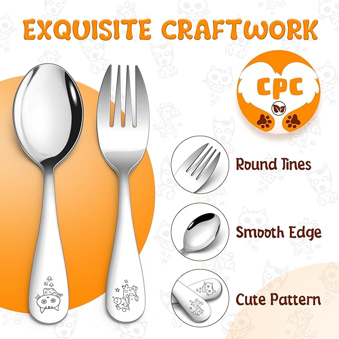 HaWare 8 Pieces Toddler Utensil Sets, Stainless Steel Kids Silverware Set Includes Toddler Forks and Spoons, Kids Safe Cutlery Set for Self Feeding, Cute Animal Handle Pattern, Dishwasher Safe