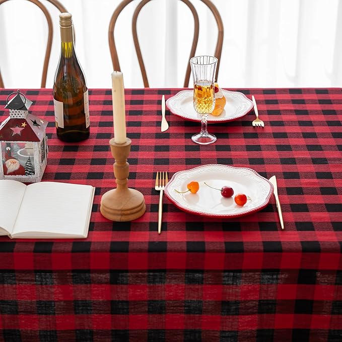 Christmas Gingham Tablecloth Heavy Duty Cotton Blend Red 60x60 inch Plaid Christmas Table Cloth Reusable Waterproof Foldable Tablecloths Xmas Table Cover for New Year Party Decor