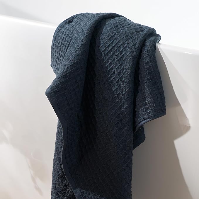 UCHINO Waffle Twist Cotton Weave Hand Towel for Bathroom Lightweight Absorbent Quick Dry Honeycomb Texture Solid Terry Loop Reverse 20" x 30", 1 Hand Towel, Ebony