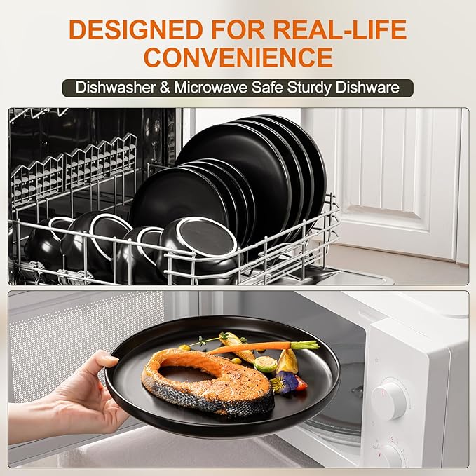 EWFEN Plates and Bowls Sets, Dinnerware Sets for 4, 12 Pieces Scratch Resistant Dishware Dishes Set, Ceramic Kitchen Dinner Set, Porcelain & Microwave and Dishwasher Safe, Black