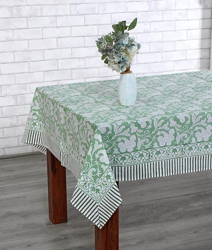 Ridhi - Hand Block Print Cotton Cloth Dinning Table Cover Wedding Farmhouse Thanks Giving Christmas Spring Tablecloth (Sage Green, 10 Seater 80x120 Inches)