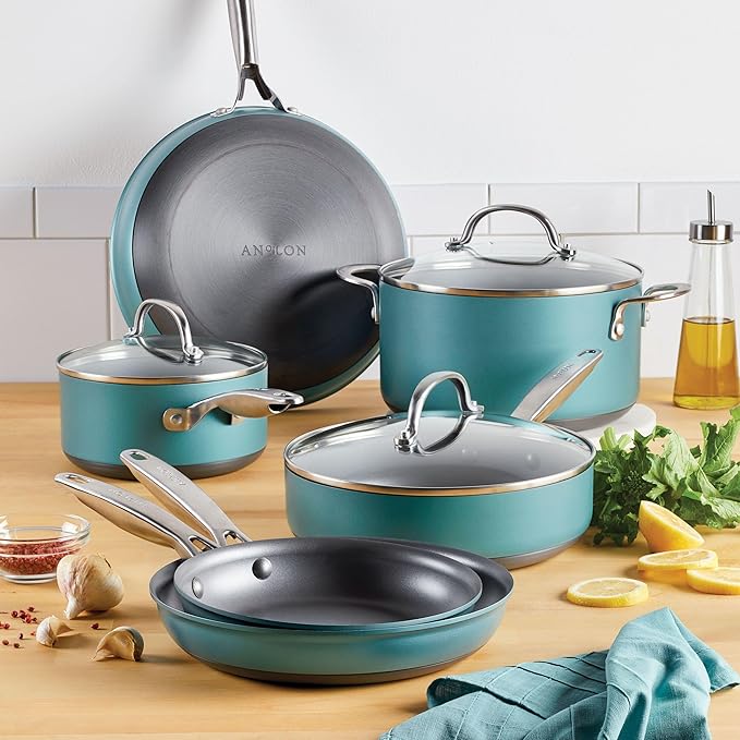 Anolon Achieve Hard Anodized Nonstick Cookware Pots and Pans Set, 9 Piece - Teal