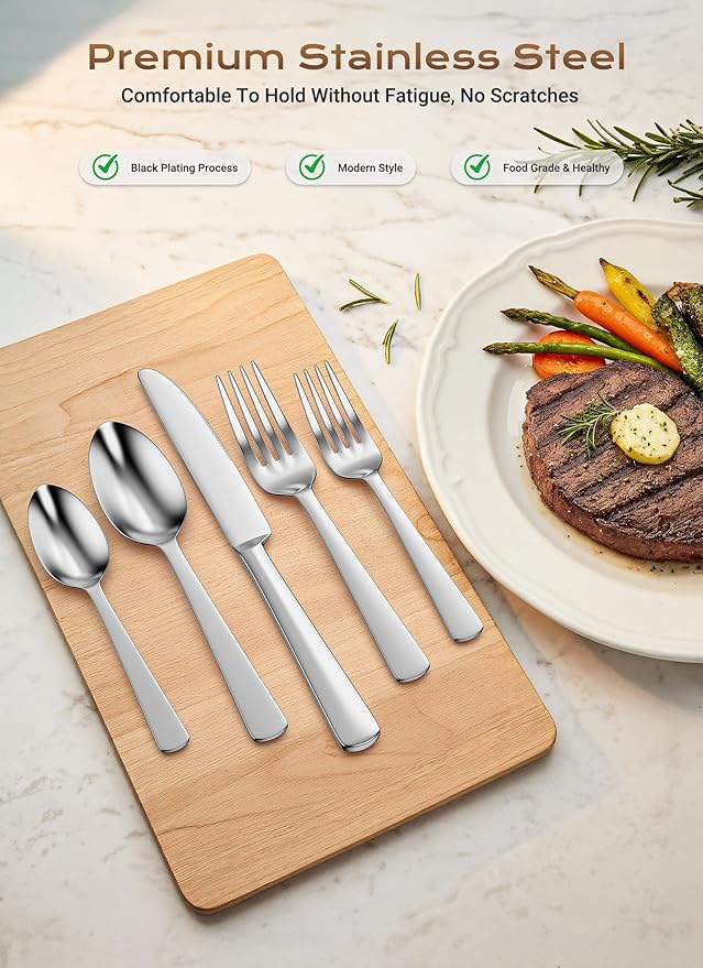 20-Piece Flatware Sets, Silverware Set for 4, Durable Stainless Steel Tableware in Ergonomic Design Size and Weight, Kitchen Utensils Set with Steak Knives, Rust-proof, Dishwasher Safe