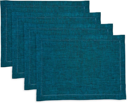 Solino Home Linen Cloth Placemats Set of 4-100% Pure Linen Hemstitch Chambray Teal Placemats 14 x 19 Inch - Milan Hemstitch Table Place Mats for New Year