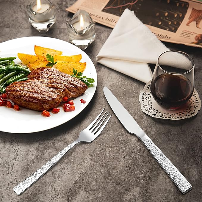 E-far Hammered Dinner Knives Set of 6, 8.9 Inch Stainless Steel Serrated Steak Butter Knife for Home Kitchen Restaurant, Modern Design & Square Edge, Mirror Finish & Dishwasher Safe