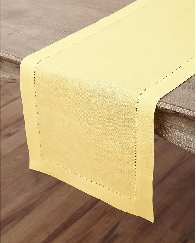 Solino Home Linen Yellow Table Runner 144 Inches Long - 100% Pure Linen Extra Long Table Runner 14 x 144 Inch - Classic Hemstitch