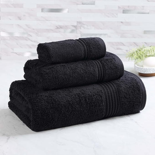 Superior Heritage Egyptian Cotton 3 Piece Towel Set, Heavyweight Towels for Bathroom, Guest Bath, Luxury Home Decor, Plush Absorbent Essentials, Includes 1 Bath, 1 Hand, 1 Face Towel, Black