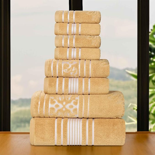 Superior Cotton 8 Piece Assorted Floral Towel Set, Includes 2 Bath, 2 Hand, 4 Washcloth/Face Towels, Quick Dry, Home Essentials, Shower, Spa, Luxury Plush Soft Absorbent Towels, Zero Twist, Gold