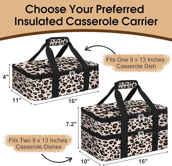 Double Insulated Casserole Carrier, Portable Casserole Carrier for Hot or Cold Food Lunch Tote Warmer or Cooler Bag, Lasagna Lunch Bag for Potluck Parties- Fits 9" x 13" Baking Dish-Leopard