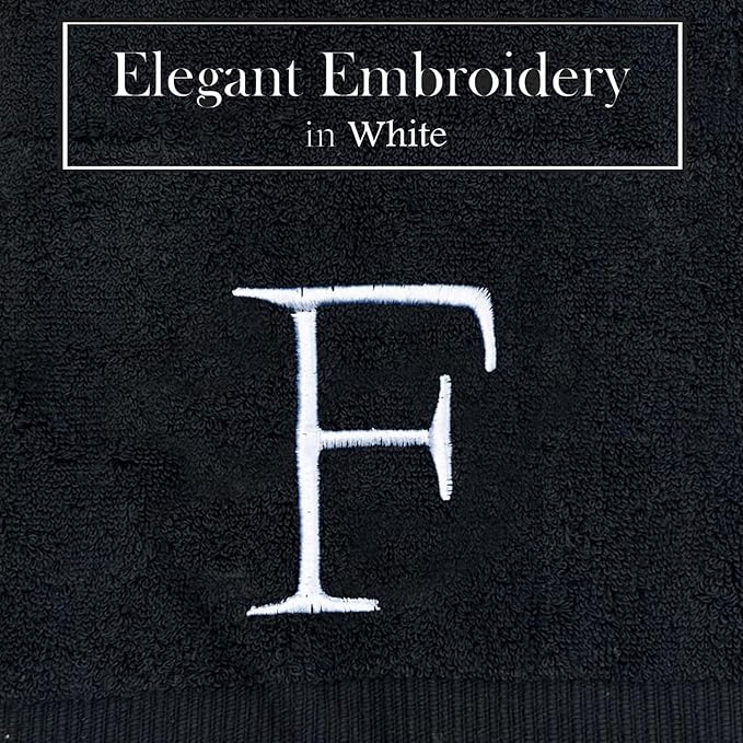Black Monogrammed Hand Towel for Bathroom - Initial Hotel Quality Decorative Embroidered Luxury Towel for Powder Room, Spa - GOTS Organic Certified - Pack of 2, Letter F