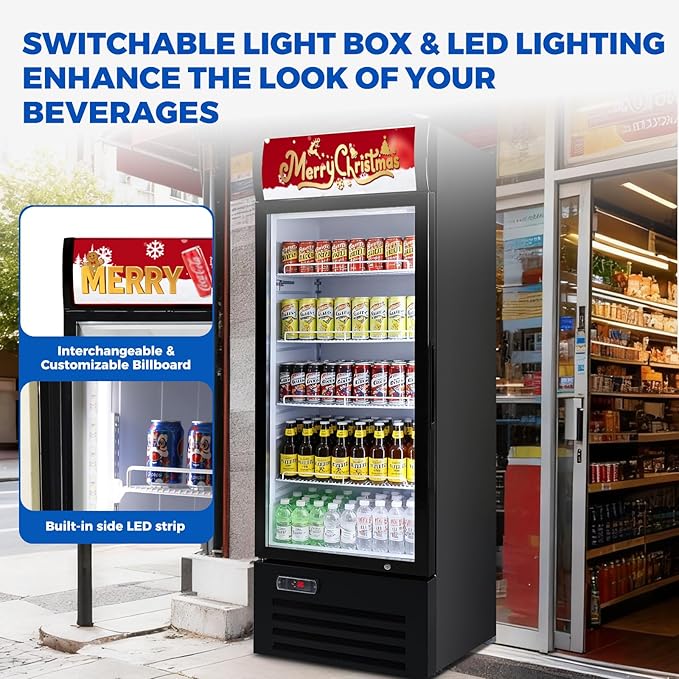 Commercial Refrigerator Beverage Cooler, 12.5 Cu.Ft Display Refrigerator with Glass Door, Drink Fridge with Led Light, 4 Adjustable Shelves, Merchandiser Refrigerator for Beer, Bar, Shop