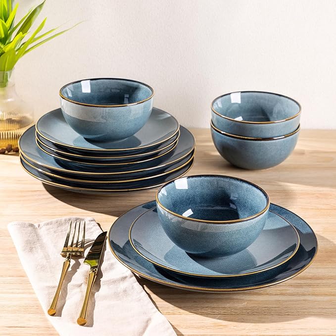 GBHOME Ceramic Dinnerware Sets for 8, 24 Pieces Stoneware Plates and Bowls Sets, Reactive Glaze Dishes -Scratch Resistant, Dishwasher&Microwave Safe-Space Blue