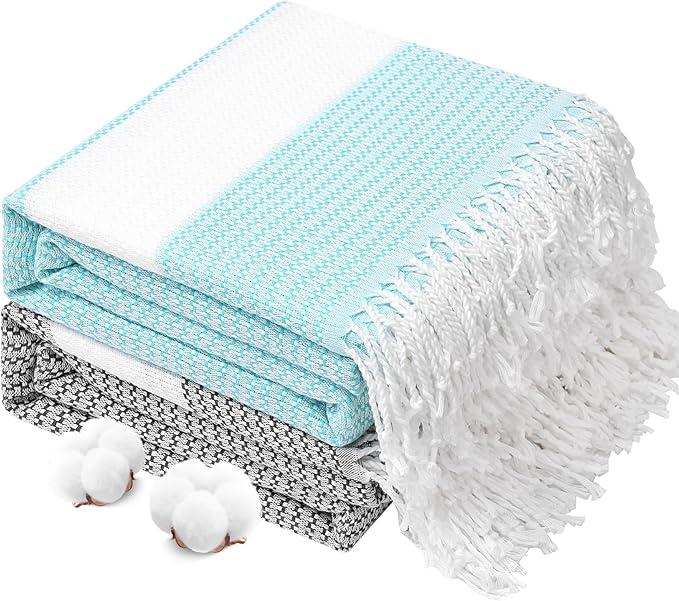 Genovega 2 Packs Oversized Turkish Beach Towels 74"x38" Thin Quick Dry Sand Free Pool Swim Bathing Towel Extra Large Blanket Adult Travel Essentials Accessories Summer Vacation LightGreen Grey Dot
