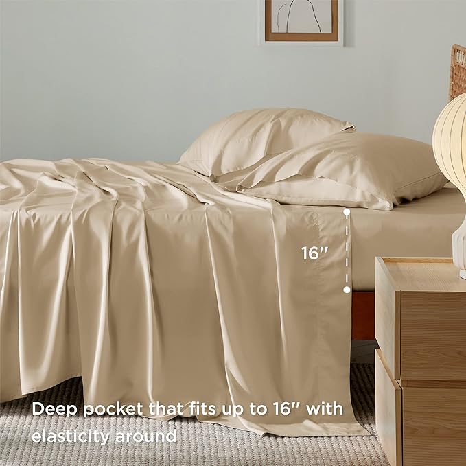 Bedsure California King Sheet Sets, Cooling Sheets for Hot Sleepers, Rayon Derived from Bamboo, Deep Pocket Up to 16 Inches, Breathable & Soft, Hotel Luxury Silky Bedding, Beige