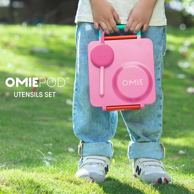 Omie OmieBox Kids Utensils Set with Case - 2 Piece Plastic, Reusable Fork and Spoon Silverware with Pod for Kids (Bubble Pink)