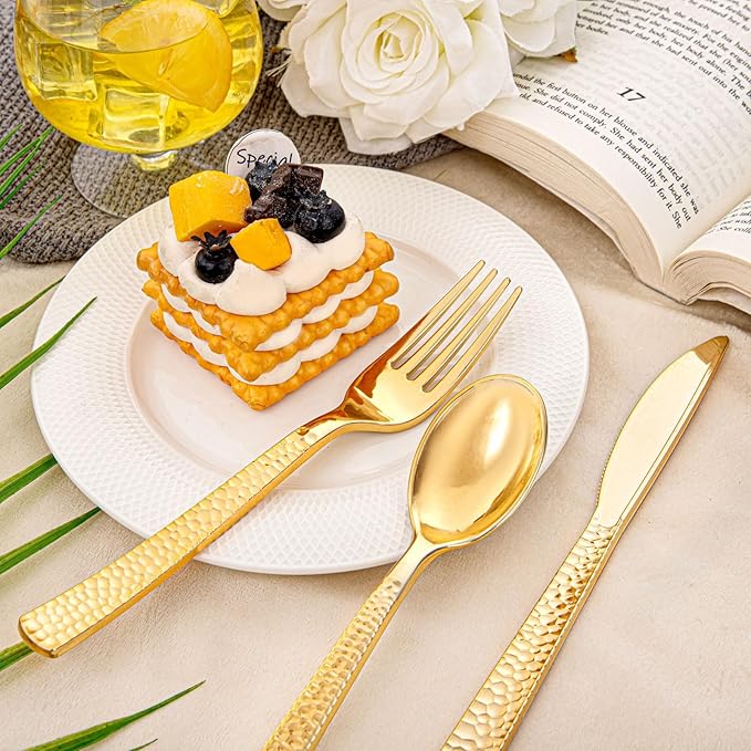 KIRE 400PCS Gold Plastic Silverware - Extra Heavy Duty Hammered Silverware Disposable Set, Gold Utensils Set Include 200 Forks,100 Knives,100 Spoons for Thanksgiving Party, Wedding
