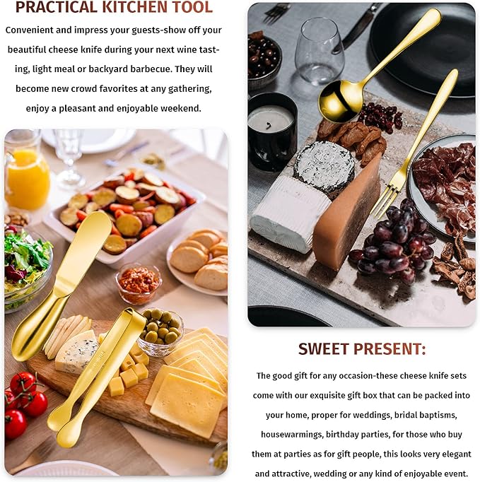 Patelai 14 Pieces Charcuterie Board Accessories Cheese Spreader Knives Set Stainless Steel Charcuterie Utensils Spreader Knives Mini Serving Tongs Spoons and Forks for Cheese and Pastry Making (Gold)