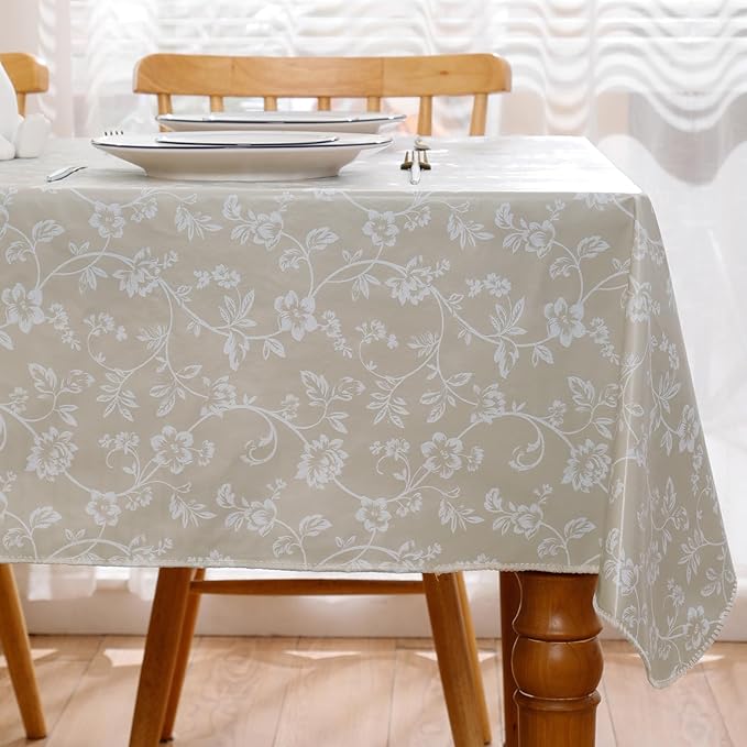 Heavy Duty Vinyl Tablecloth with Flannel Backing Waterproof Oil-Proof Plastic Table Cloth Stain-Resistant Wipeable Rectangle or Square Table Cover for Indoor and Outdoor (Beige Floral,52x70 Inch)