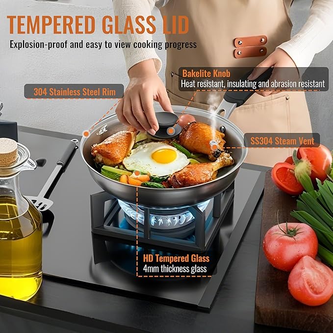 8 Inch Pan Lid For Pots Pans and Skillets, Cast Iron Skillet Lid, Tempered Glass Pan Lids Replacement, Pot Covers for Cooking, Wok, Crock Pot Lid with Stainless Steel Rim, Frying Pot Lids Only