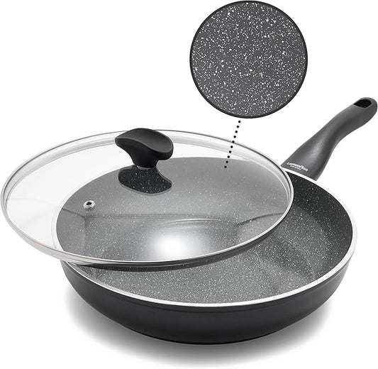 Rigoletto 3.1QT Nonstick Sauté Pan & Lid, Made in Italy, Layered Ceramic PFAS-Free Surface, Induction Ready, Dishwasher & Metal Utensil Safe, Granite Finish, Stay-Cool Handle, Black