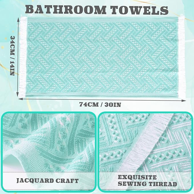 4 Pack Boho Bathroom Hand Towel 14 x 30 Inch 100% Turkish Cotton Decorative Boho Kitchen Hand Towel Farmhouse Bathroom Decor Set Absorbent Soft Guest Tea Gift (Aqua,White)