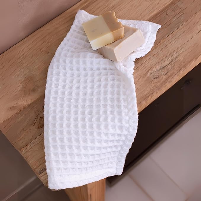 Premium Waffle Hand Towels Pack of 4 Extra Large 20x35 inch - 100% Turkish Cotton, Waffle Weave, Quick Dry, Lint Free, Super Absorbent, Thin Hand Bath Towel (White, Set of 4 Hand Towels)
