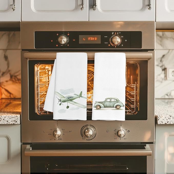 Sage Green Car Plane Preppy Decorative Hand Towels Gifts, Kids Boys Bathroom Decor, Watercolor Transportation Decorative Dish Hand Tea Towels for Bathroom Kitchen, 16x24 Inch Set of 2