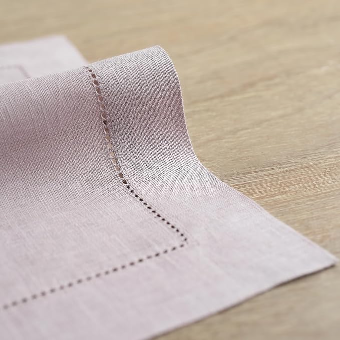 Solino Home Lilac Linen Tablecloth 52 x 52 Inch - 100% Pure Linen Square Table Throw - Classic Hemstitch, Machine Washable Table Cloth for Valentines, New Year