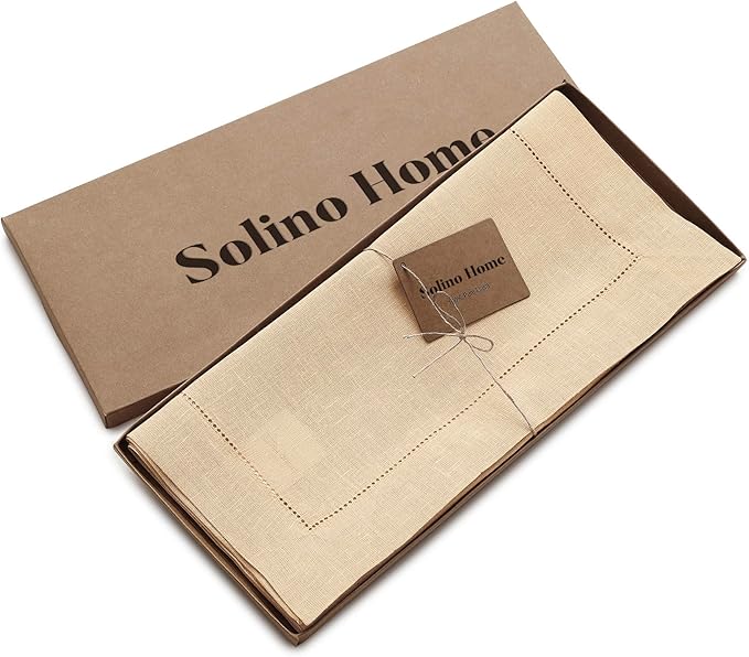 Solino Home Linen Hemstitch Table Runner 48 Inches - 100% Pure Linen Beige Table Runner 14 x 48 Inch Ideal for Dresser and Coffee Tables - New Year - Classic Hemstitch
