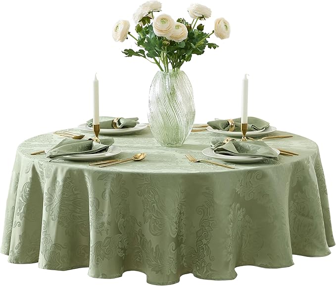 Newbridge Christmas Barcelona Damask Fabric Tablecloth, 70 Inch Round, Sage Green – No Iron, Soil Resistant Table Cover for Dining, Parties and Holidays