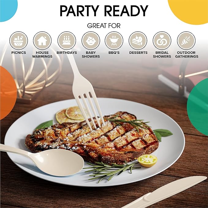 Party Solids Ivory Plastic Forks 200 Pieces Ivory Forks Disposable Utensils Heavy Duty Plastic Cutlery Set Disposable Cutlery Sets Flatware Sets Silverware Set Party Supplies & Party Tableware