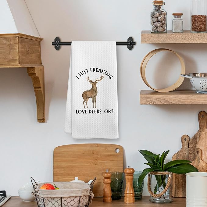 Funny Deer Kitchen Towels, Woodsy Deer Camper Cabin Bathroom Decor Decorations for Home, Rustic I Just Freaking Love Deers Dish Hand Tea Towels for Farmhouse Bathroom Kitchen, 16x24 Inch