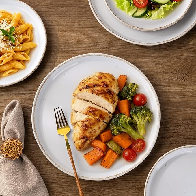 AmorArc Ceramic Dinnerware Sets for 4, 12 Pieces Handpainted Plates and Bowls Set with Rustic Terracotta Underside, Scratch Resistant Stoneware Dishes Set, Dishwasher & Microwave Safe, White