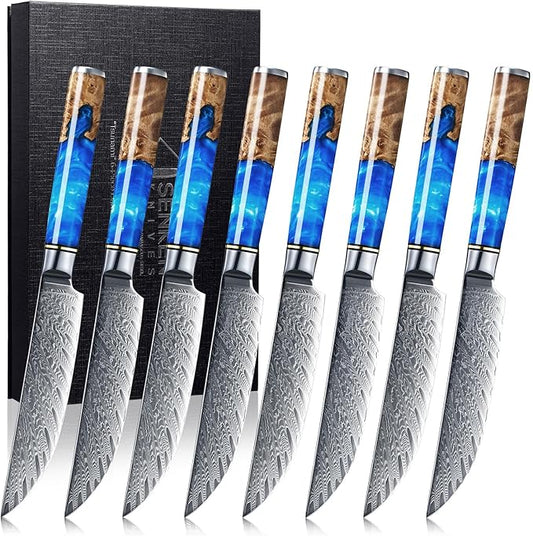 SENKEN Damascus Steak Knife Set - Tsunami Collection - 67-Layer Japanese VG10 Steel - Razor Sharp Non-Serrated Blades, Blue Resin & Natural Wood Pattern Handles, Luxury Gift Box (8 Steak Knife Set)