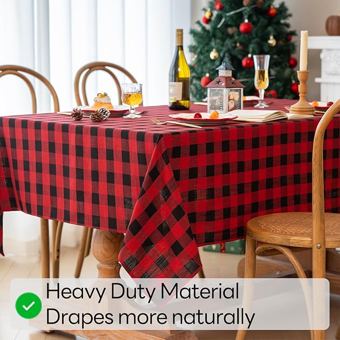 Christmas Gingham Tablecloth Heavy Duty Cotton Linen Red 60x84 inch Plaid Christmas Table Cloth Reusable Waterproof Foldable Tablecloths Xmas Table Cover for New Year Party Decor