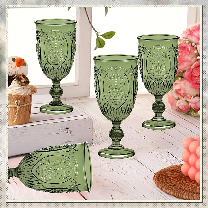 100 Pcs Plastic Goblets 7.5oz Vintage Goblet Plastic Wine Glasses Colored Retro Embossed Water Goblets for Wine Bar Juice Baby Shower Wedding Reception Grand Event Party (Olive Green)