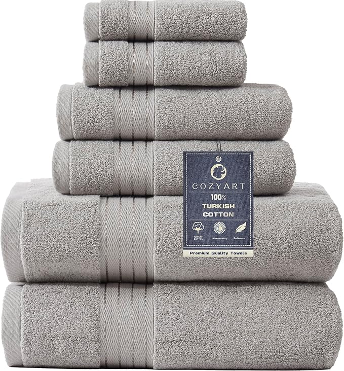 COZYART Silver Grey Bath Towel Set for Bathroom Soft Absorbent Durable 650 GSM Turkish Cotton Towel Sets of 6, 2 Bath Towels, 2 Hand Towels, 2 Washclothes