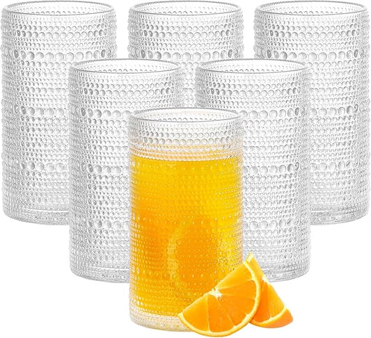 16oz Hobnail Drinking Glasses Set of 6, Vintage Large Capacity Embossed Clear Tumblers, Highball Glasses for Water, Cocktail, Beer, Whiskey, Juice & Bar Use