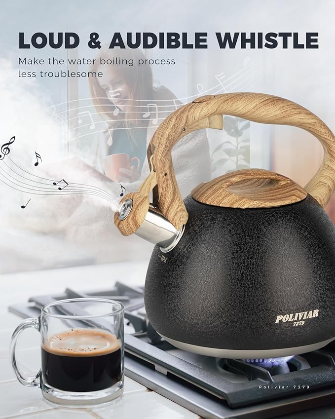 POLIVIAR Tea Kettle, 2.7 Quart Stovetop Tea Kettle, Audible Whistling Teapot with Crackle Finish, Food Grade Stainless Steel for Anti-Rust, Anti Hot Handle, Suitable for All Heat Sources (JX2023-LRB)