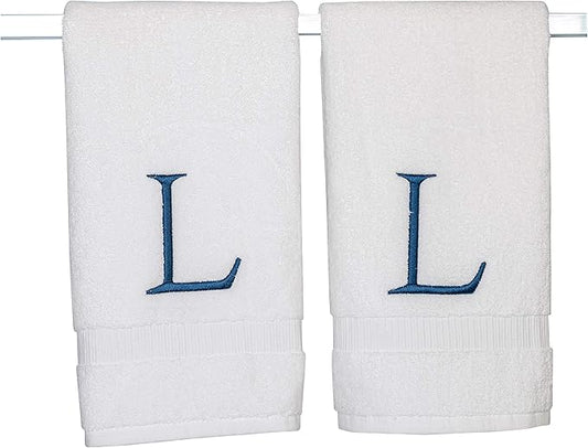 Monogrammed Hand Towels for Bathroom - Luxury Hotel Quality Personalized Initial Decorative Embroidered Bath Towel for Powder Room, Spa - GOTS Organic Certified - Set of 2 Navy Letter L