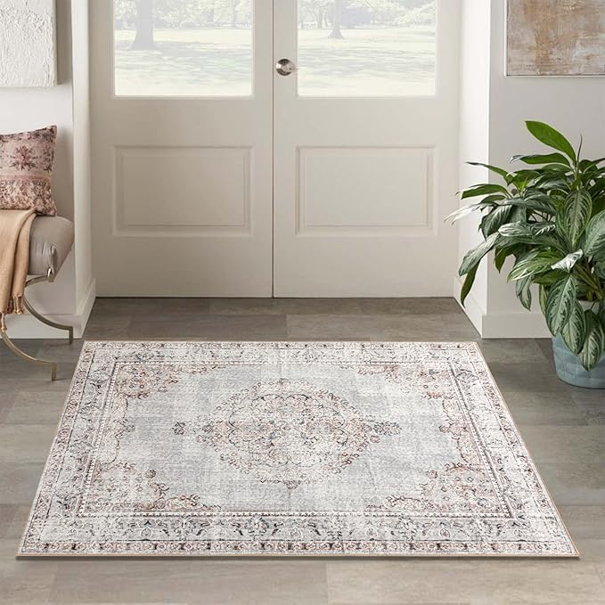 Easy-Going Area Rug 4x6 Washable Boho Rugs for Living Room Non-Slip Bedroom Rug Low Pile Lightweight Vintage Distressed Throw Rug for Dining Room Kitchen Home Office Carpet, Grey Brick