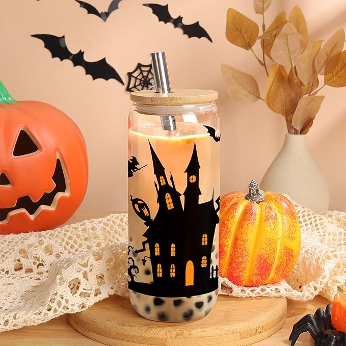 Joeyan Halloween Glass Cups with Lids and Straws,20 oz Haunted House and Cat Iced Coffee Tumbler,Funny Can Shaped Beer Drinking Glasses,Holiday Gifts for Women Mom Friend Teen