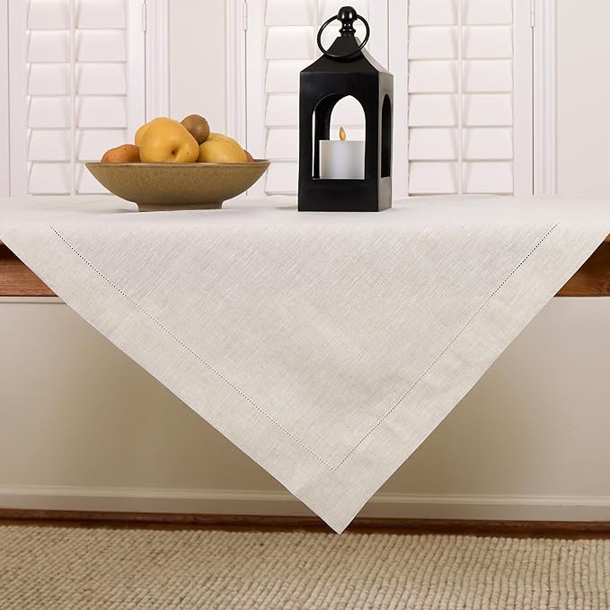 Solino Home Light Natural Linen Tablecloth 52 x 52 Inch - 100% Pure Linen Square Table Throw - Classic Hemstitch, Machine Washable Table Cloth for Holiday, New Year