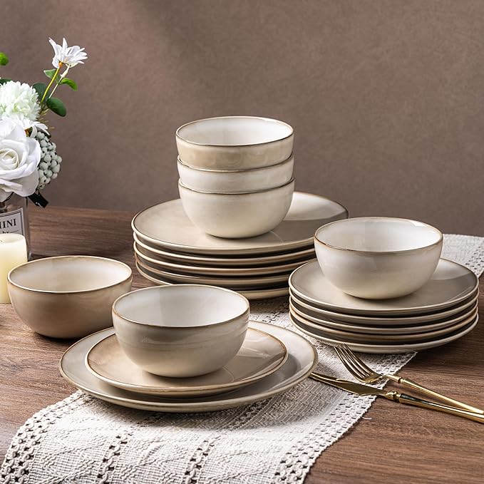 AmorArc Ceramic Dinnerware Sets for 4, 12 Pieces Handpainted Stoneware Plates and Bowls Set, Scratch Resistant Dishes Set, Dishwasher & Microwave Safe, Cappuccino