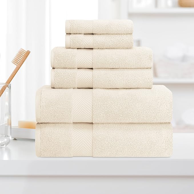 Superior Zero Twist 100% Cotton Bathroom Towels, Super Soft, Fluffy, and Absorbent, Premium Quality 6 Piece Towel Set with 2 Washcloths, 2 Hand Towels, and 2 Bath Towels, Ivory