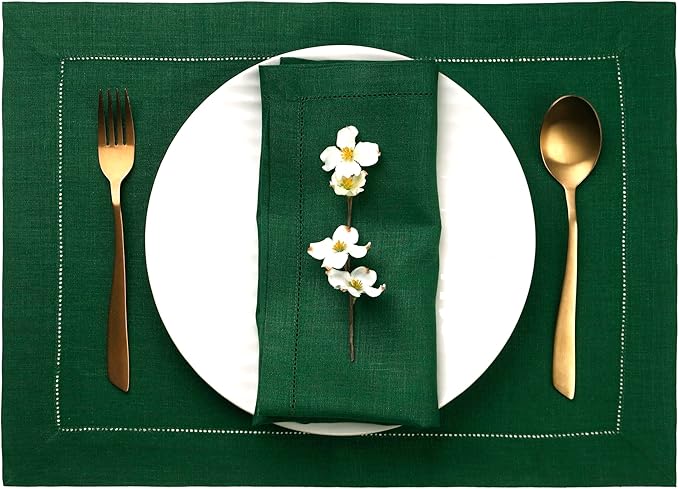 D'Moksha Homes Linen Placemats Set of 4 - Classic Hemstitch Forest Green Placemats 14 x 19 Inch - 100% Pure Linen Table Mats for Winter, Holiday, New Year - Handcrafted and Machine Washable