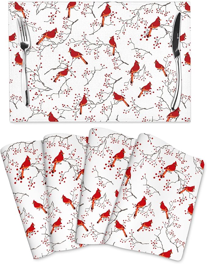 Cardinal Bird Red Berry Decor Placemats Set of 4 Linen 12x18 Inch, Decorative Table Mats for Kitchen Dining Table Heat Resistant Washable Place Mats Home Holiday Decor