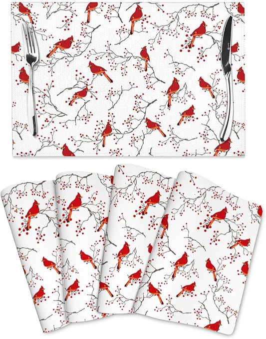 Cardinal Bird Red Berry Decor Placemats Set of 4 Linen 12x18 Inch, Decorative Table Mats for Kitchen Dining Table Heat Resistant Washable Place Mats Home Holiday Decor